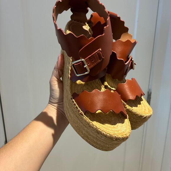 Chloé Brown Lauren Scalloped Leather Espadrille Wedge Sandals Sz 40 - Picture 3 of 13